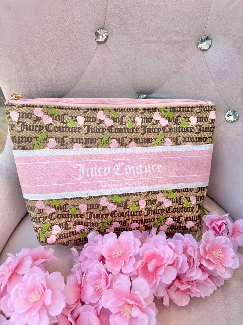 Juicy Couture Pink and Brown Logo Cherry Cosmetic Clutch